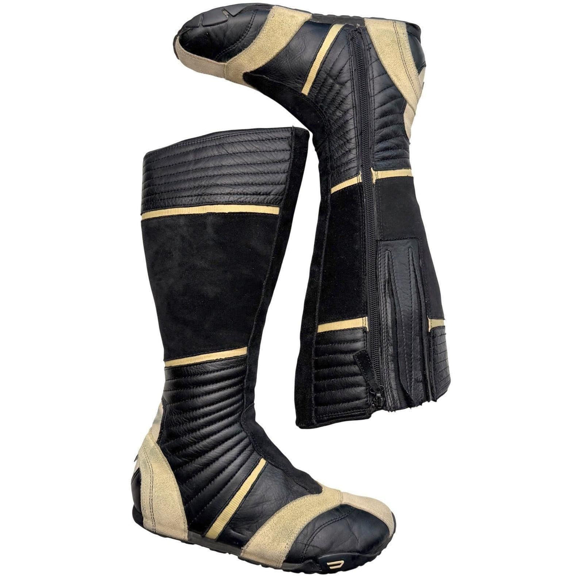 Diesel Nico Vintage Y2K Moto Racing Boots Leather Black Yellow Knee High Zip 6.5
