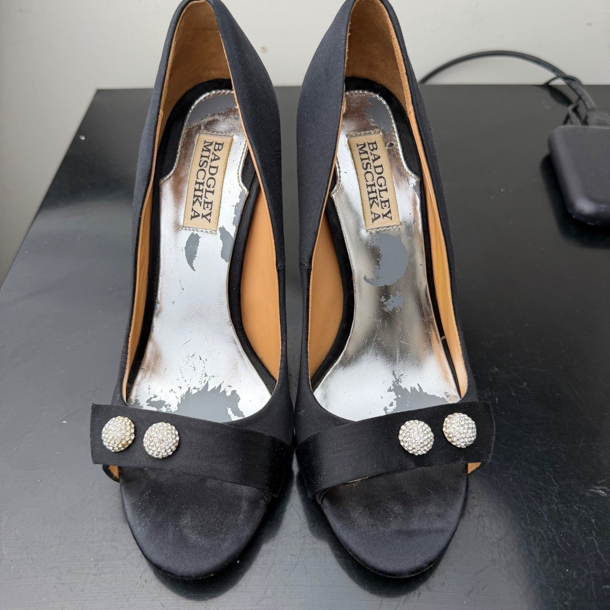 Badgley Mischka Black Satin Pearl Bow Peep Toe Heels | 7M — detail photo 9