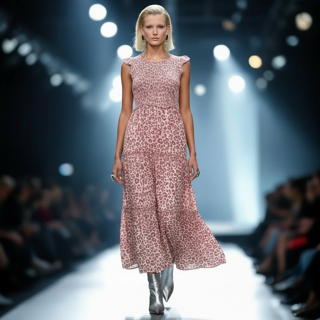 Abel The Label Pink Leopard Smocked Maxi Dress | M — front view