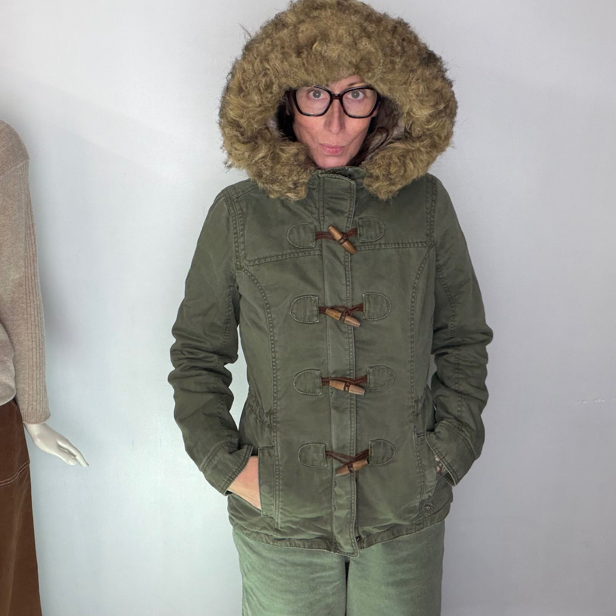 Vintage Abercrombie & Fitch Toggle Parka Jacket Sherpa Hood Green Bella Swan L
