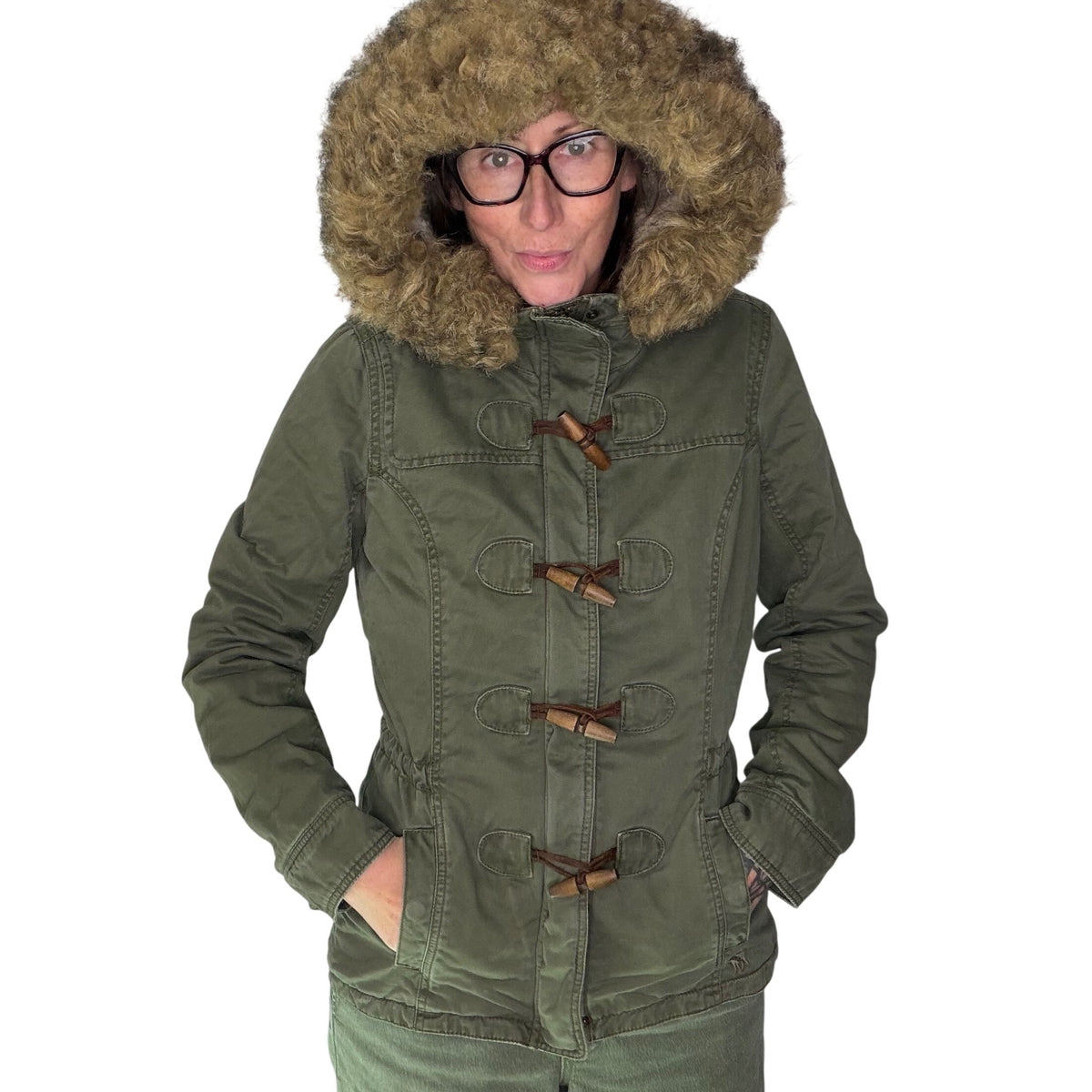 Vintage Abercrombie & Fitch Toggle Parka Jacket Sherpa Hood Green Bella Swan L