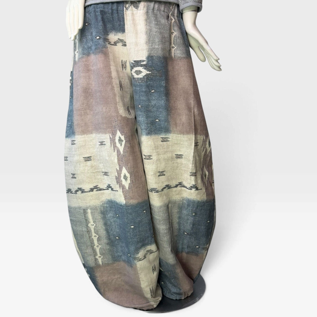 SIMPŁE MAISON one-of-a-kind balloon pants in muted blue, taupe, and cream geometric print reclaimed remnant fabric.