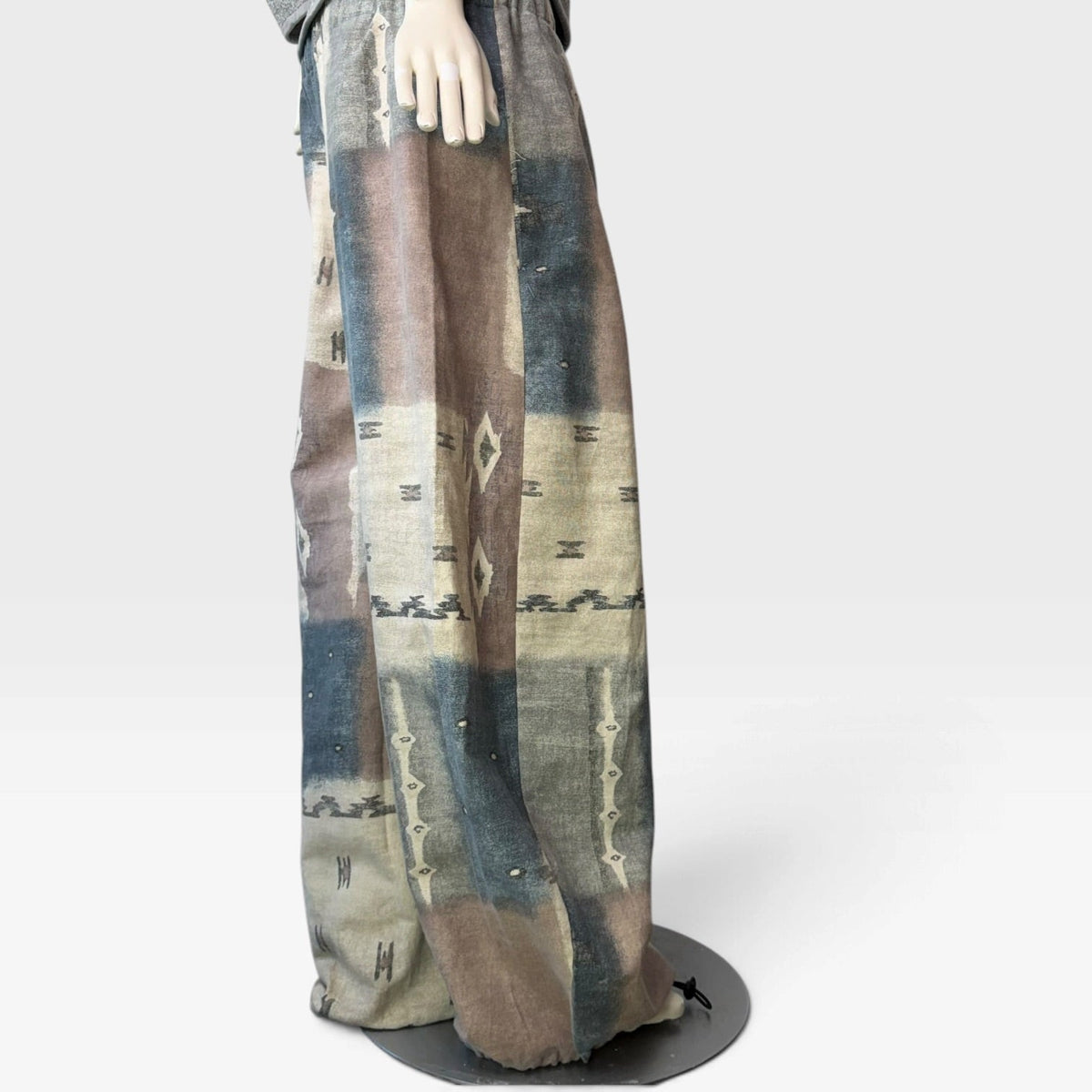 SIMPŁE MAISON one-of-a-kind balloon pants in muted blue, taupe, and cream geometric print reclaimed remnant fabric.