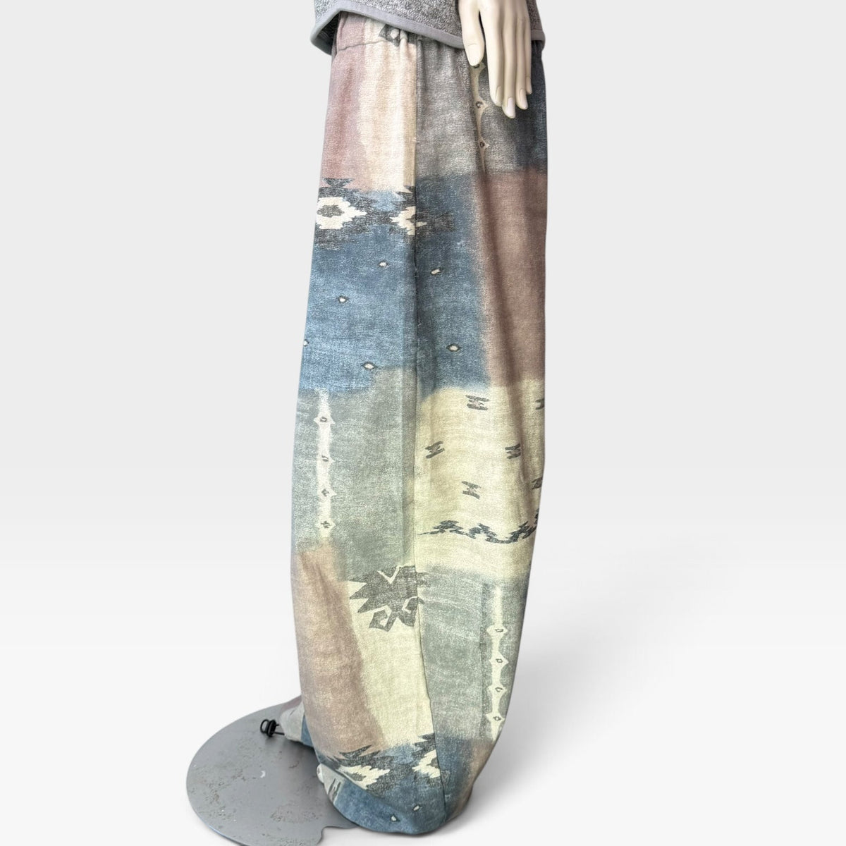 SIMPŁE MAISON one-of-a-kind balloon pants in a muted blue, taupe, and cream geometric print reclaimed fabric.