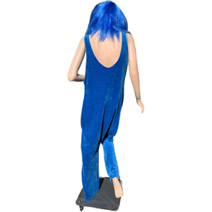 womans blue full length sleeveless jumper